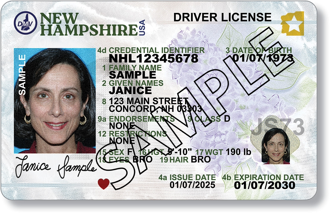 Sample image of a New Hampshire driver's license